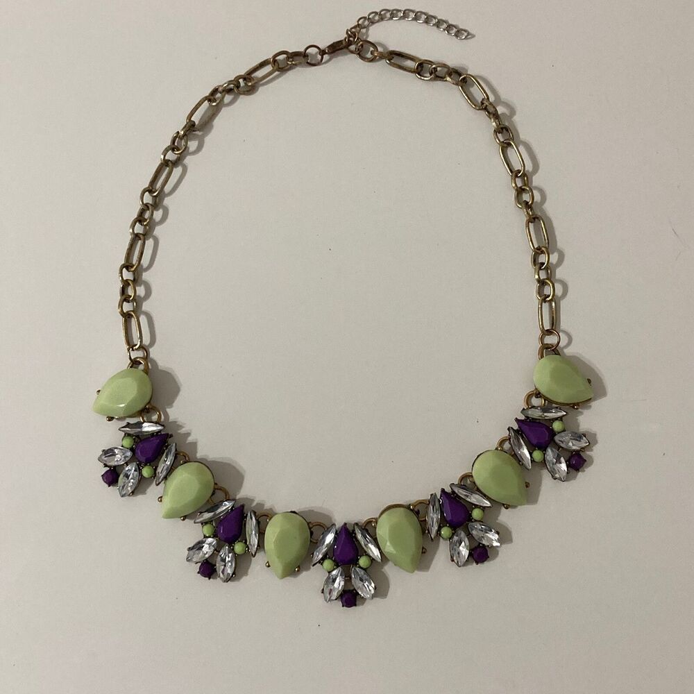Purple Pastel Green Rhinestone Statement Bib Gold Tone Teardrop Acrylic Necklace